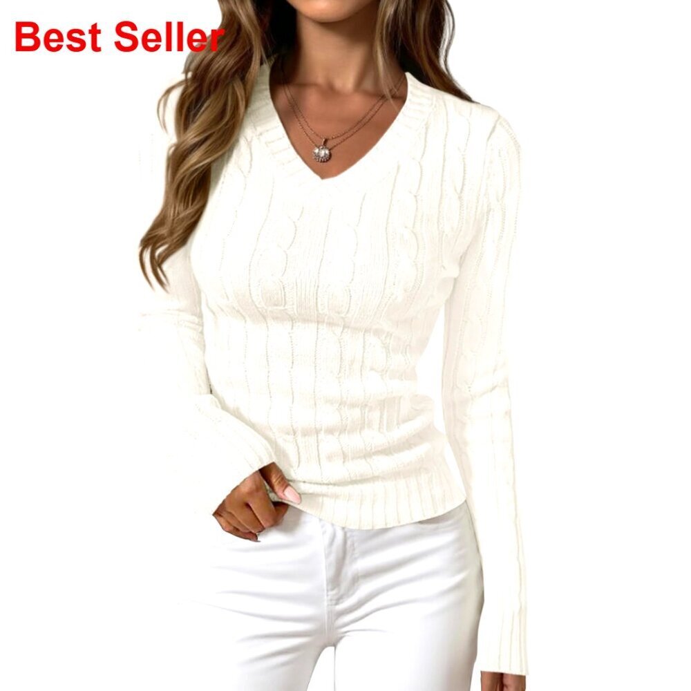 V-Neck Cable Knit Pullover Sweater Long Sleeve Fitted Ribbed Business Casual